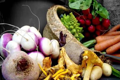Légumes frais variés, dont navets, carottes, radis, romanesco et champignons, disposés autour d'un panier en osier.