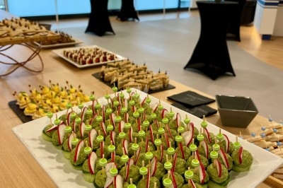 Traiteur Lapierre Traiteur Saint-Denis #5 Plateau de bouchées apéritives garnies de mousse verte et de radis, disposé sur une table dans une salle de réception.