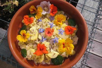 Salade colorée dans un bol en terre cuite, garnie de fleurs comestibles et de tranches de pommes de terre.