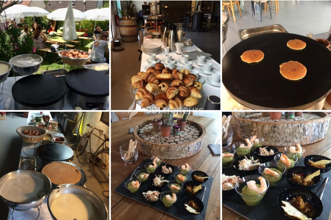 Traiteur Crêpe House Ormoy-Villers #1 Buffet varié avec crêpes, viennoiseries, pancakes, verrines et boissons, présenté en intérieur et extérieur.