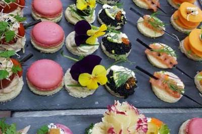 Plateau de canapés variés et colorés, décorés de fleurs comestibles, légumes et garnitures raffinées.