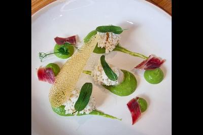 Traiteur Jsch Prestations Culinaires Nanterre #3 Assiette gastronomique composée de purée verte, croustillant, fromage frais, feuilles de sauge et morceaux de jambon.