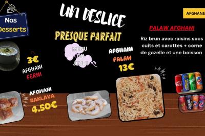 Image présentant un menu de plats afghans avec desserts, boissons et prix affichés sur un fond noir.