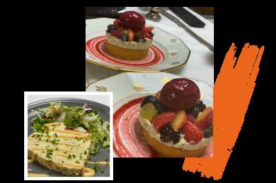 Traiteur La Fringale  Buc #2 Assiette de dessert avec tartelette aux fruits rouges et plat de terrine accompagné de salade verte.