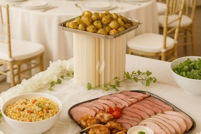 Buffet avec plats variés : viande tranchée, pommes de terre, salade, légumes et décor floral sur une table dressée.