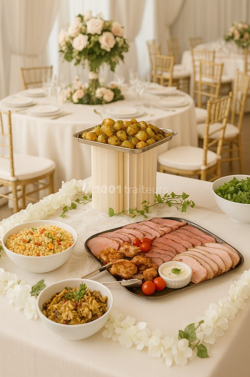 Buffet avec plats variés : viande tranchée, pommes de terre, salade, légumes et décor floral sur une table dressée.